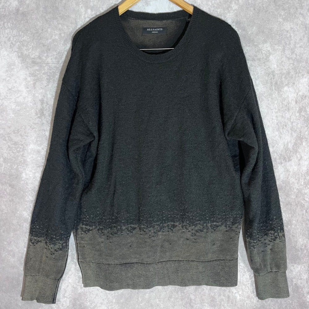 AllSaints Burnns Crew Sweater Mens Medium Black Grey Ombre Mohair Wool Blend